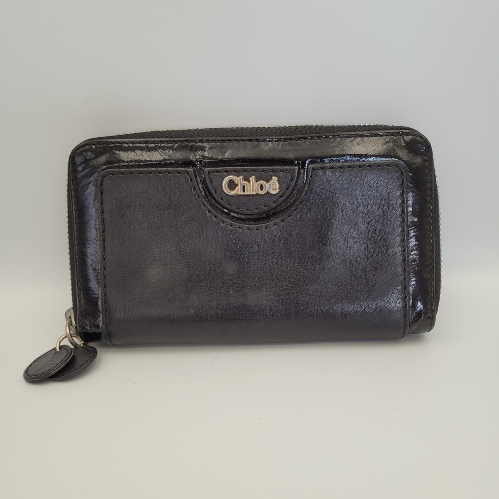Chloe Black Leather Patent Trim Zip Around Continental Wallet Made in Spain